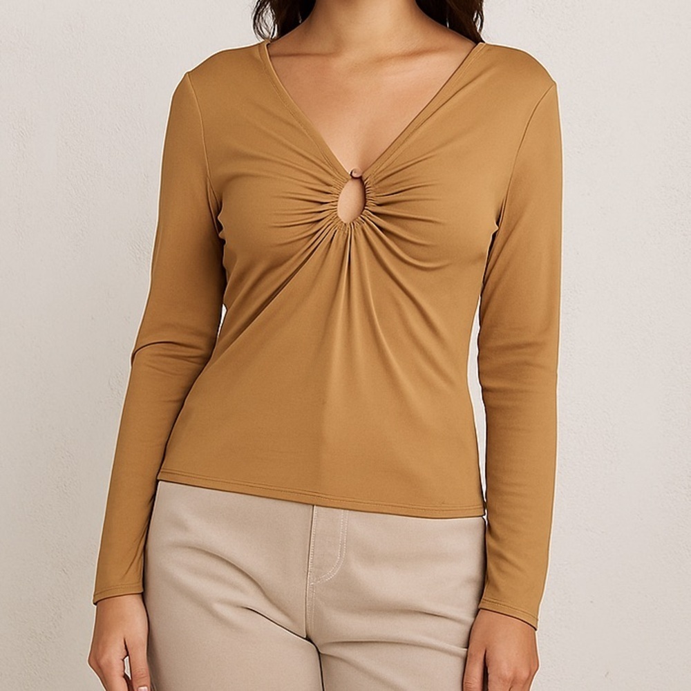 H&M Women's Brown Ruched Cut Out Long Sleeve Blouse Top size medium